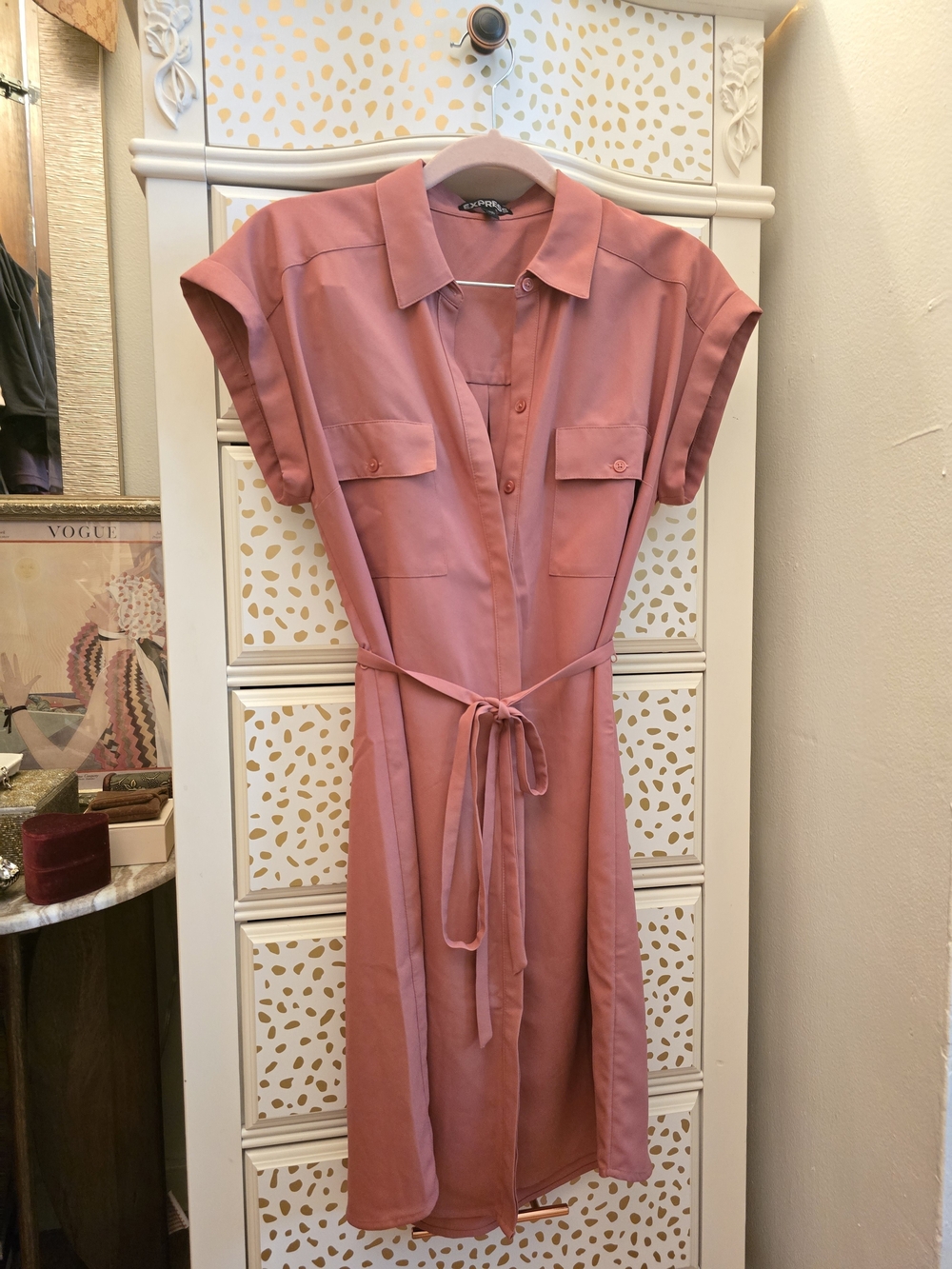 Express Dusty Rose Midi Shirt Dress with Tie Waist
